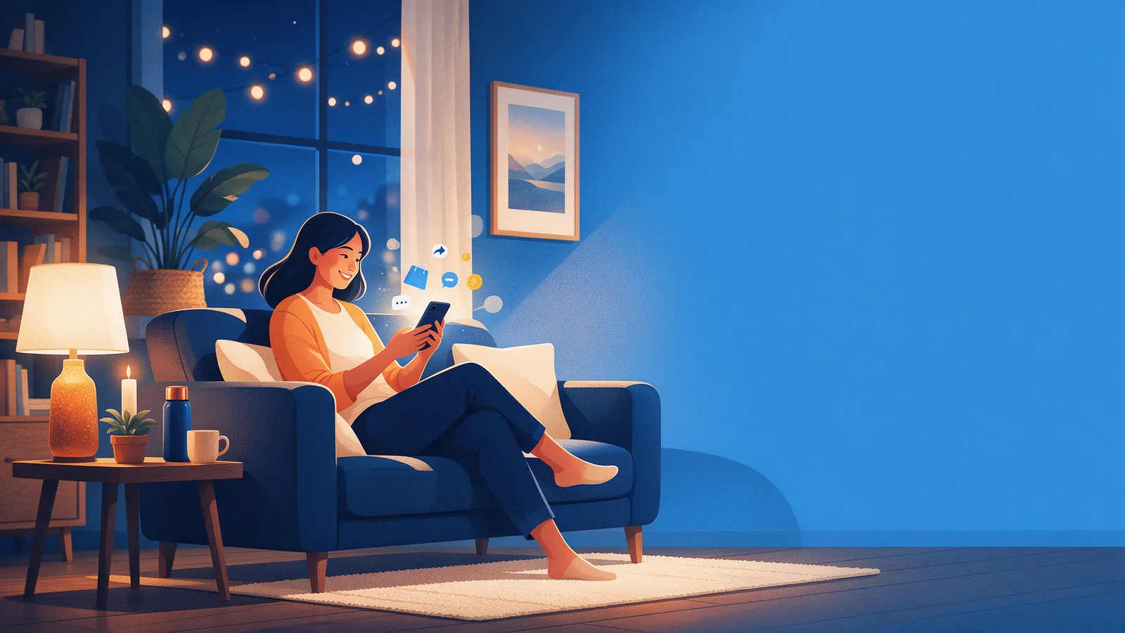 Ilustrasi karyawan perempuan bersantai di sofa sambil menghasilkan uang dari HP