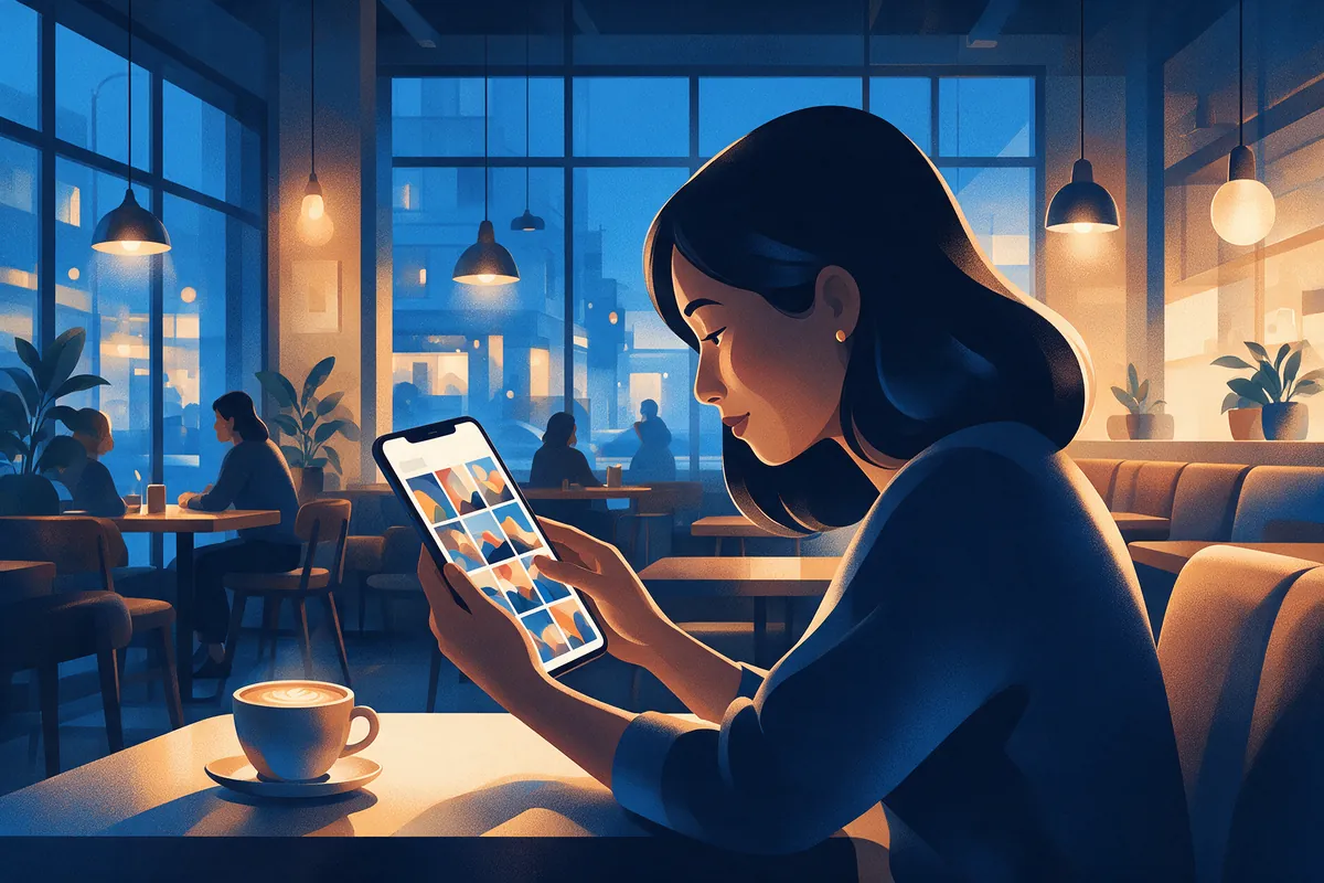 Perempuan memilih foto di HP untuk dijual di platform stock sambil duduk di kafe