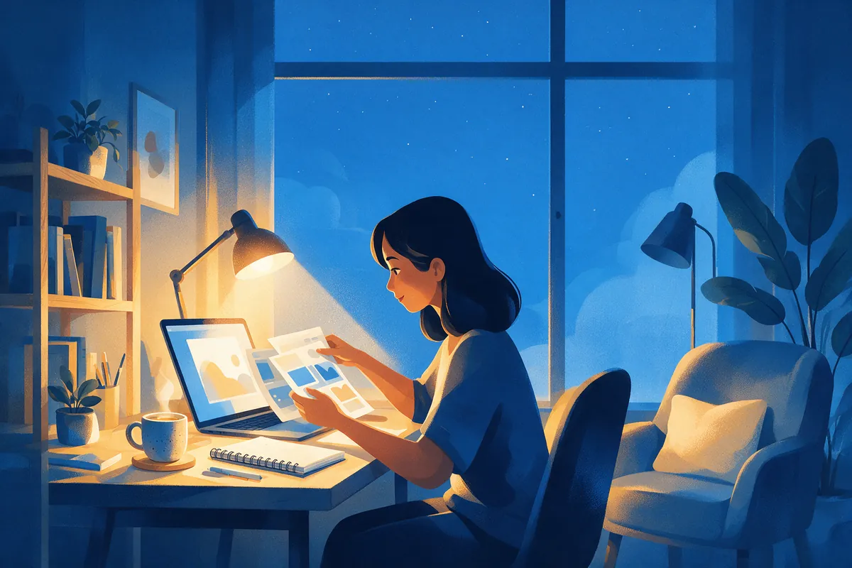 Perempuan menyusun template produk digital di laptop pada malam hari