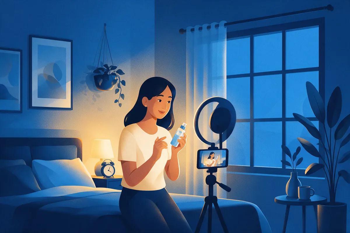 Perempuan merekam video review produk skincare dengan HP di tripod dan ring light