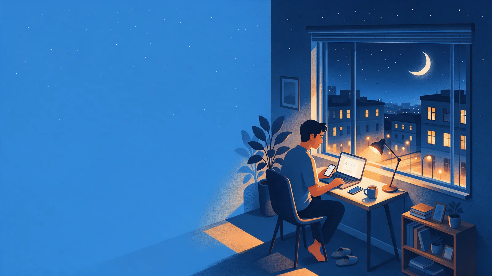 Ilustrasi karyawan bekerja di laptop pada malam hari di dekat jendela dengan pemandangan kota