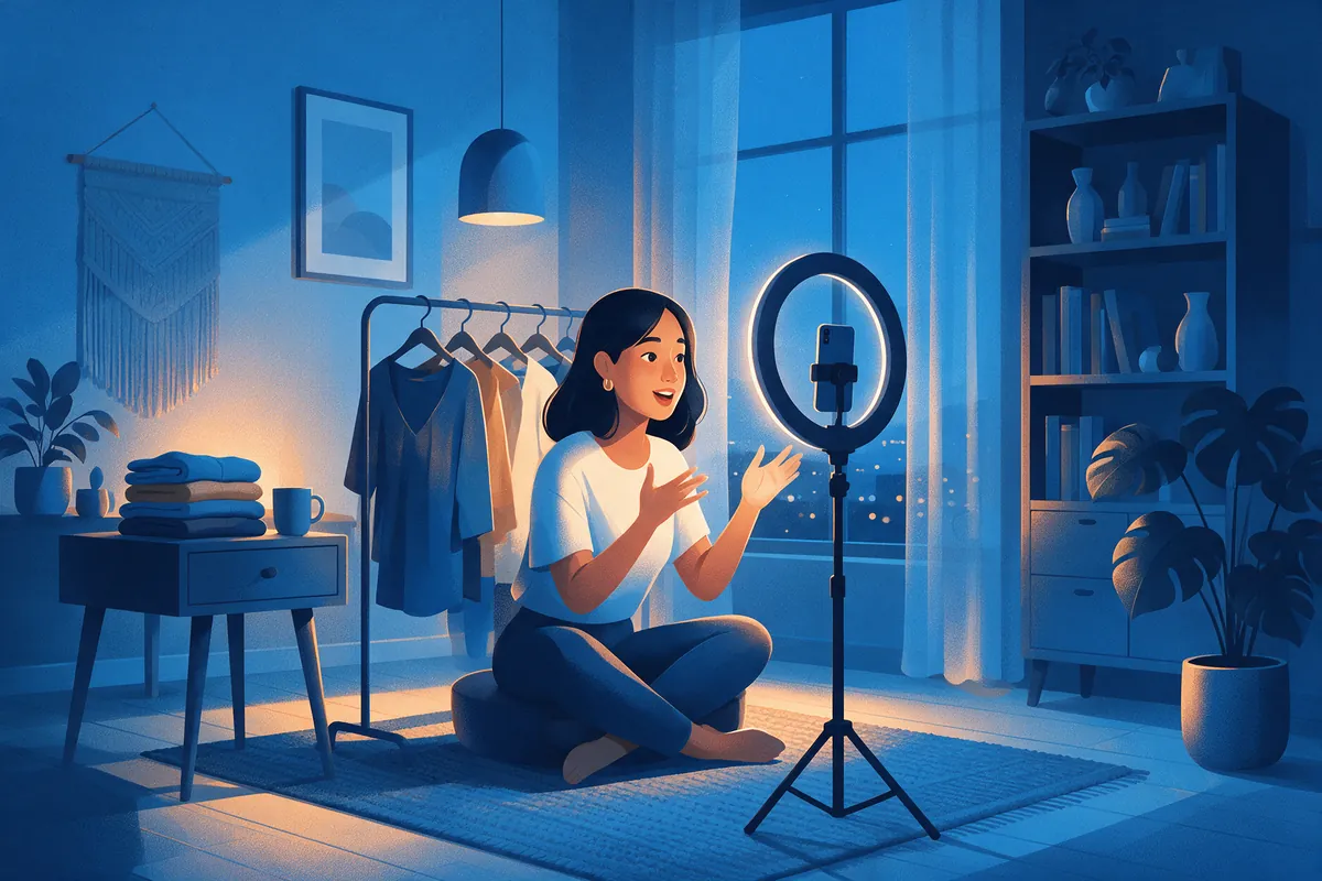 Host live streaming perempuan berjualan pakaian di depan HP dan ring light