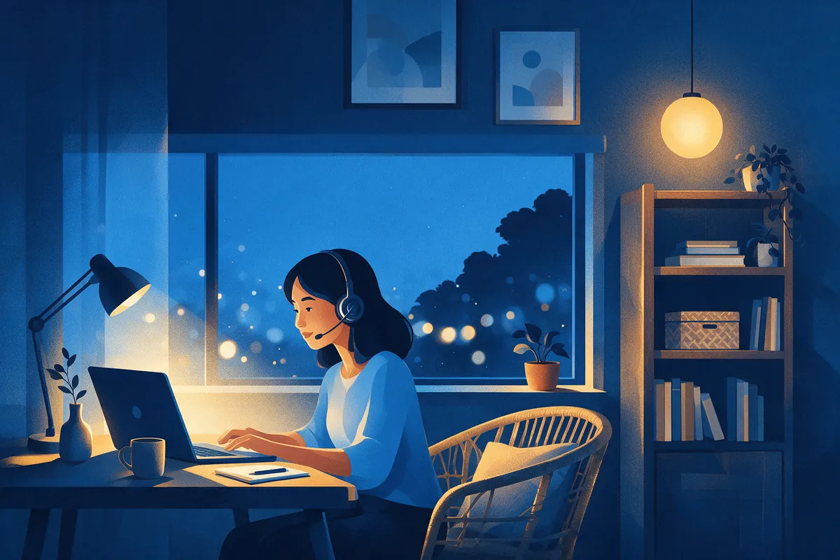 Perempuan memakai headset bekerja online di laptop pada malam hari