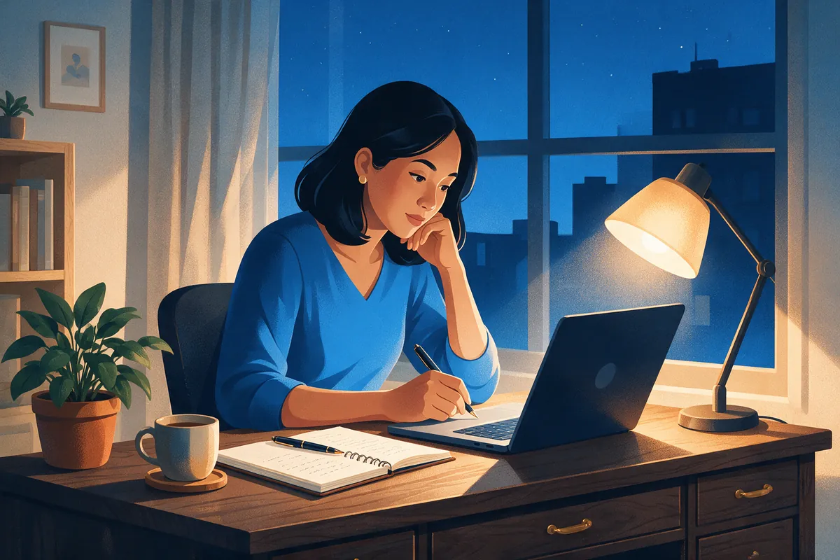 Freelancer perempuan menyusun profil dan catatan di samping laptop