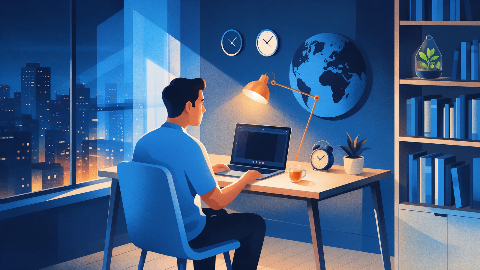 Ilustrasi freelancer Indonesia bekerja di laptop dengan jam dunia dan globe di dinding