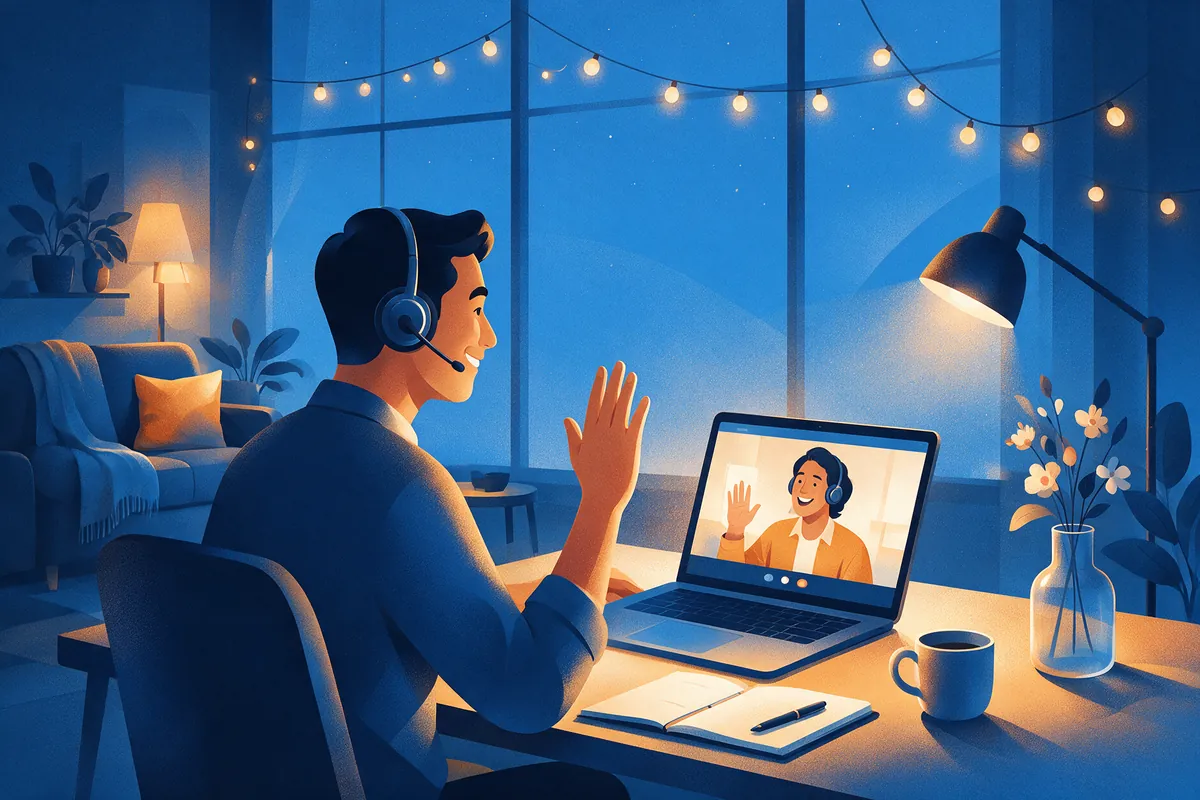 Freelancer melambaikan tangan saat interview video call dengan klien luar negeri